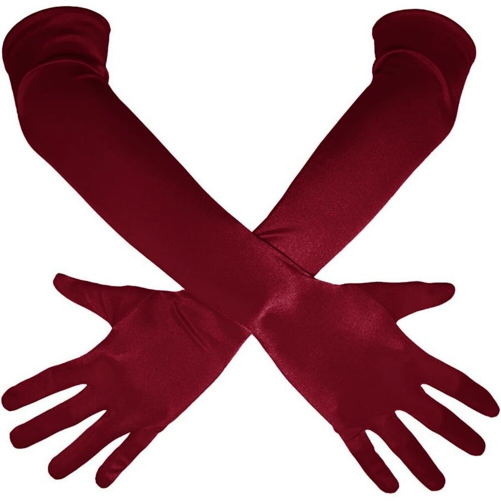 Women's Wine Shiny Satin Long Gloves Elbow Length Wedding Dancing Party Tea